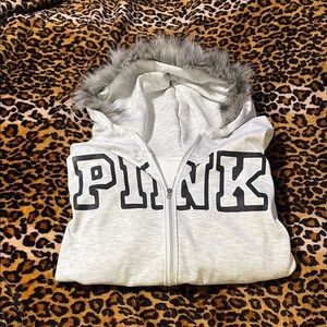 PINK Gray Hoodie with Faux Fur Trim